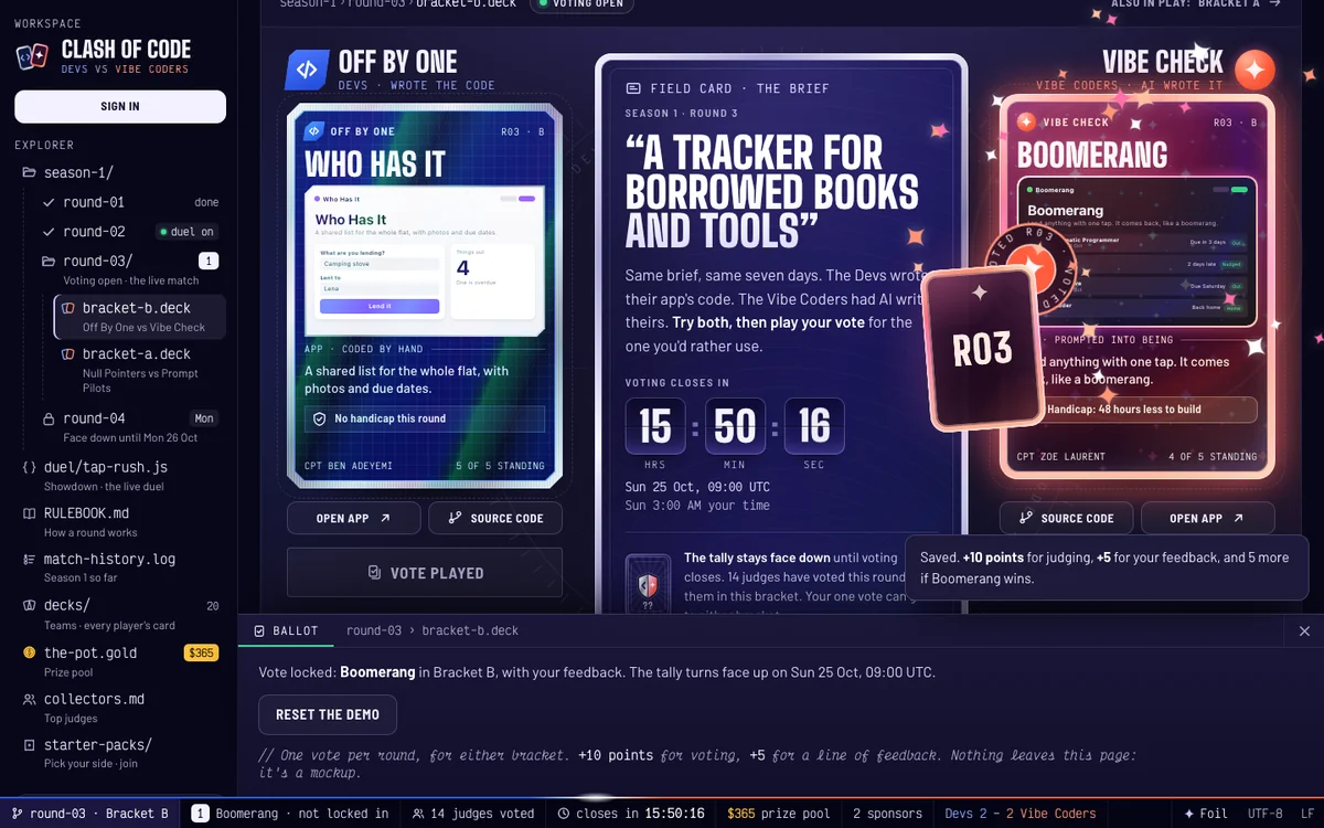 Deck Builder mid-vote: the ballot panel is open and a mini card flies from the picked app into the status bar